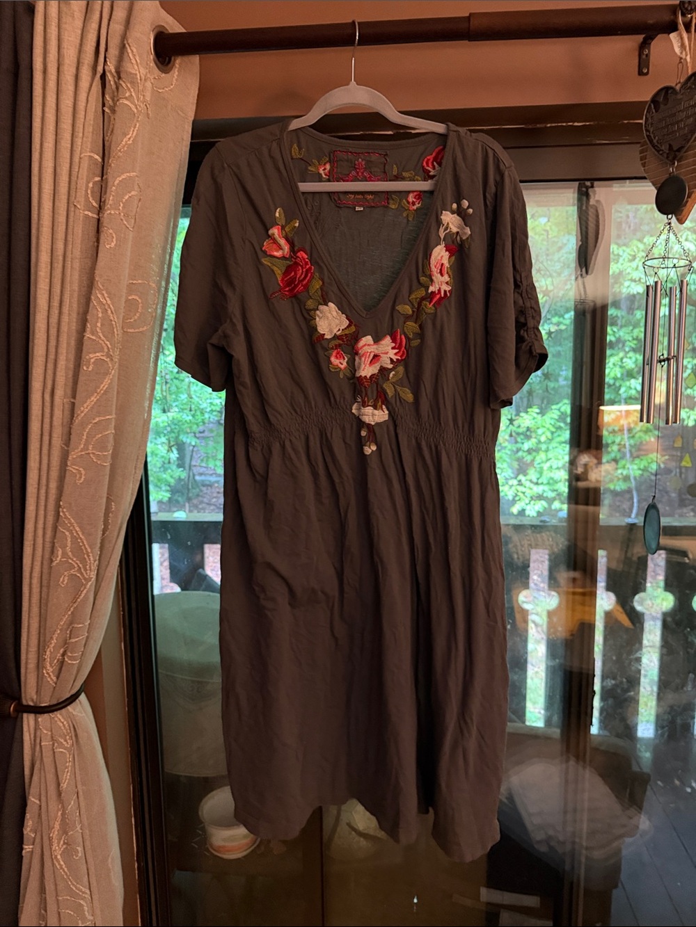 Embroidered V-Neck Midi Dress in Charcoal Gray